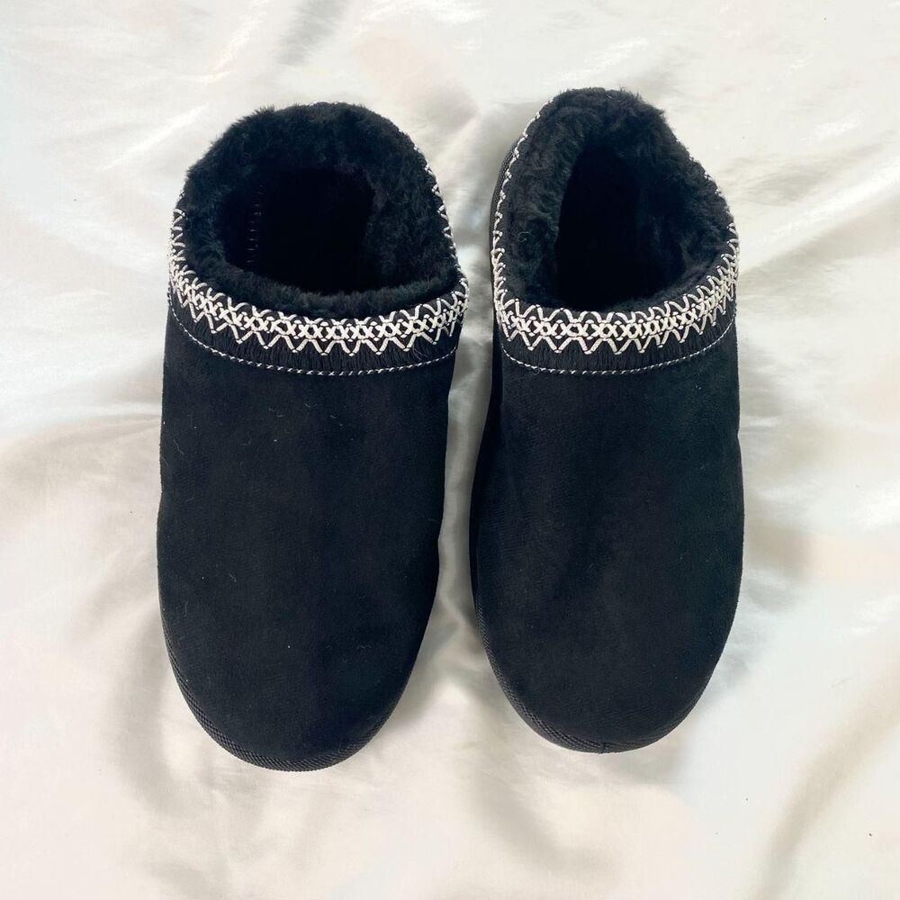 NEW Black White Trim Cozy Platform Embroidered Clog Slippers / Mules US 7 - Picture 2 of 6